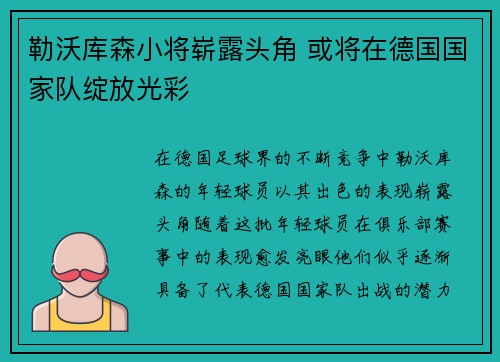 勒沃库森小将崭露头角 或将在德国国家队绽放光彩